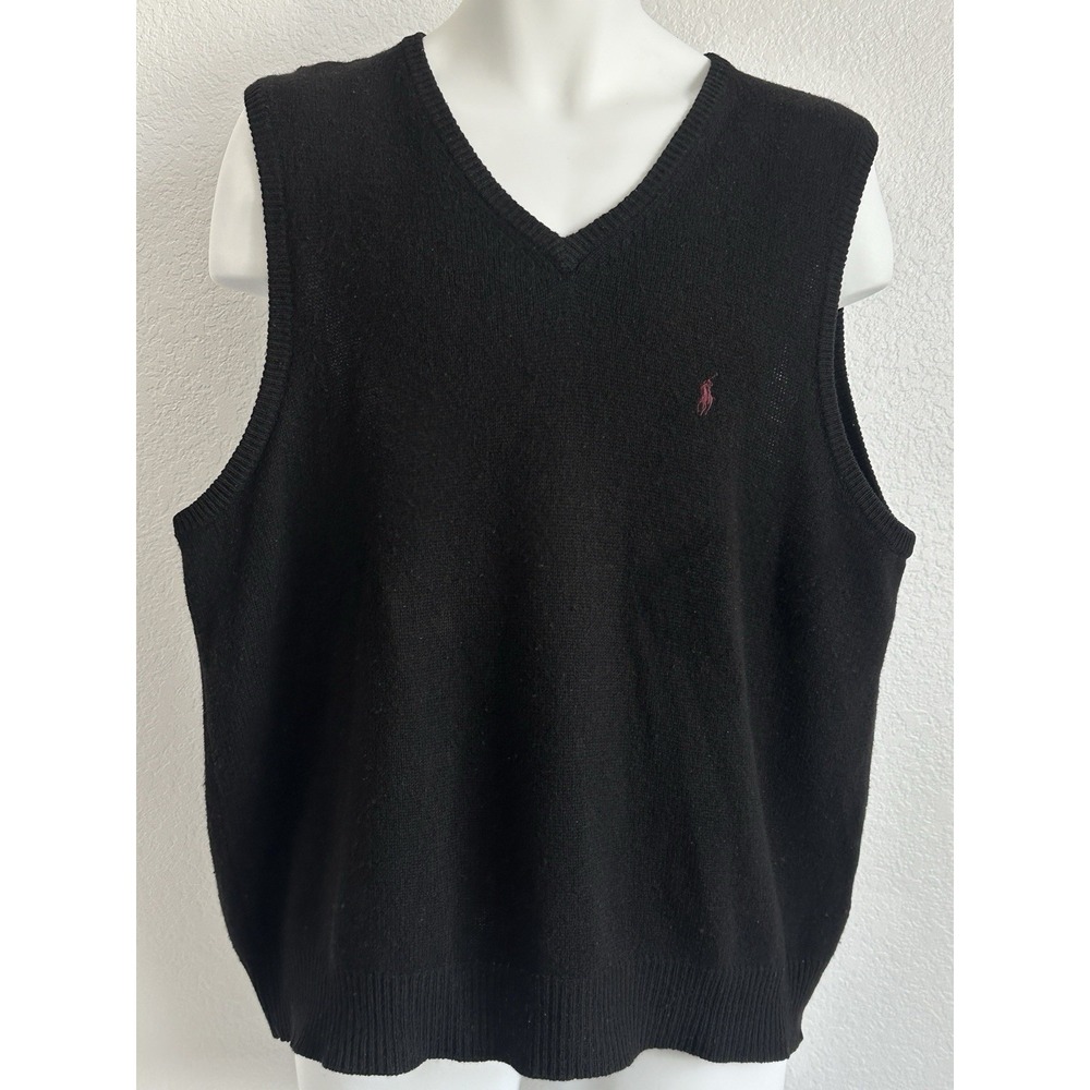 Vintage Polo Ralph Lauren Sweater Vest XL Black Lambswool V Neck Preppy